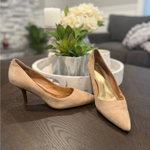 Coach Shoes - Coach suede heels in tan, gold leather insoles size 7.5b